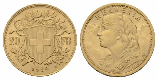 Schweiz 20 Franken 1910 B Vreneli