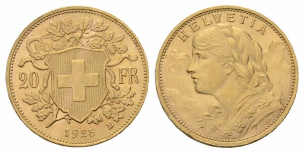Schweiz 20 Franken 1925 B Goldvreneli