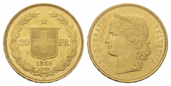 Schweiz 20 Franken 1889 Abart 3 Sterne Dominus über Kopf