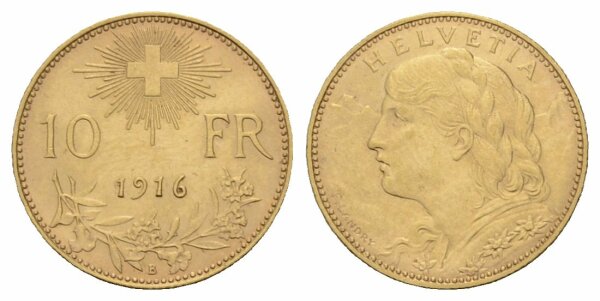 Schweiz 10 Franken 1916 B Vreneli