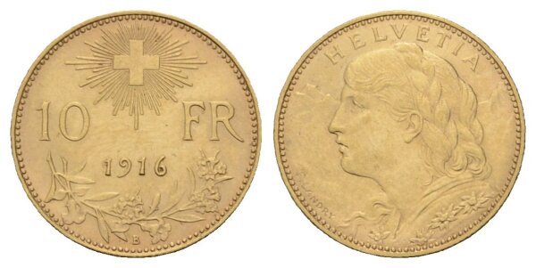 Schweiz 10 Franken 1916 B Vreneli