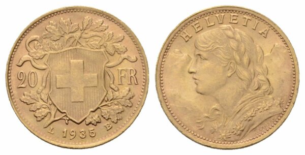 Schweiz 20 Franken 1935 LB Abart 21 Sterne