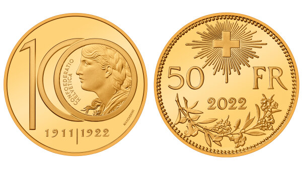 Schweiz 50 Franken 2022 100 Jahre 10 Fr. Goldvreneli (ME)