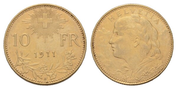 Schweiz 10 Franken 1911 B Goldvreneli