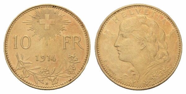 Schweiz 10 Franken 1914 B Goldvreneli