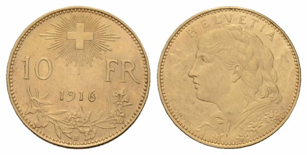 Schweiz 10 Franken 1916 B Goldvreneli