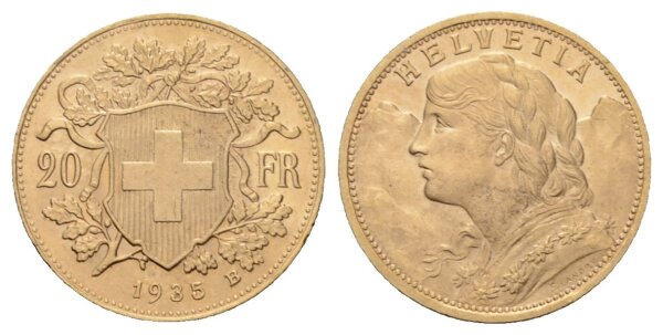 Schweiz 20 Franken 1935 B Goldvreneli