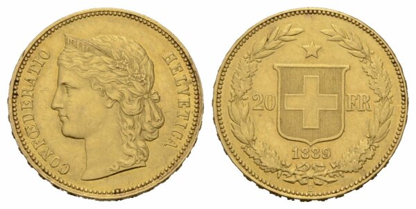 Schweiz 20 Franken 1889 B Helvetia Abart 3 Sterne Dominus