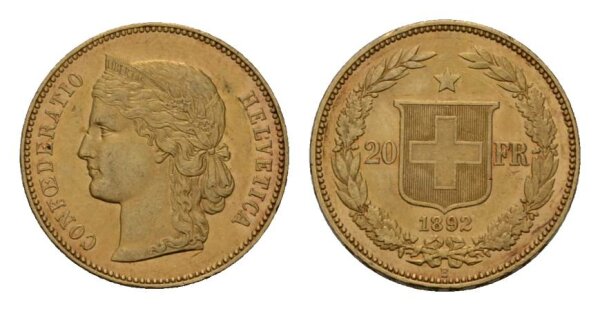 Schweiz 20 Franken 1892 B Helvetia