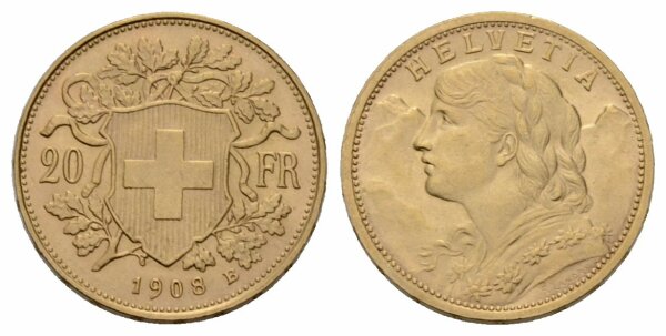 Schweiz 20 Franken 1908 B Vreneli