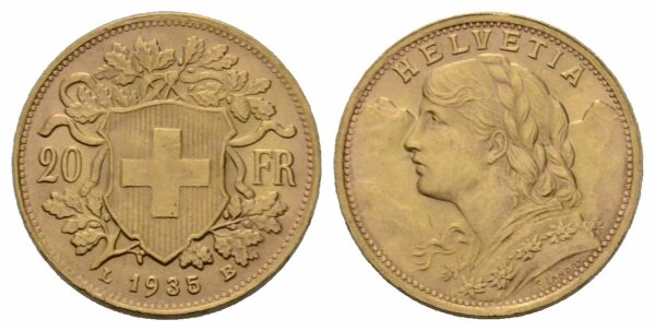 Schweiz 20 Franken L 1935 B Vreneli Abart 21 Sterne