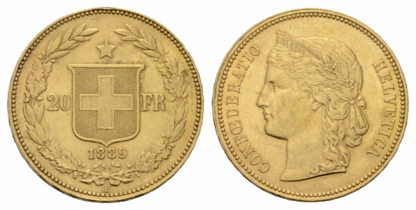 Schweiz 20 Franken 1889 B Helvetia