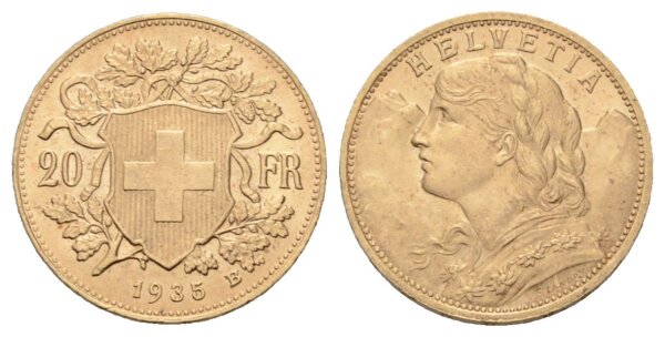 Schweiz 20 Franken 1935 B Vreneli ohne L