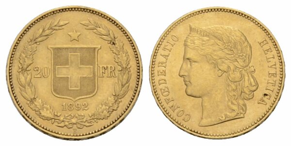 Schweiz 20 Franken 1892 B Helvetia