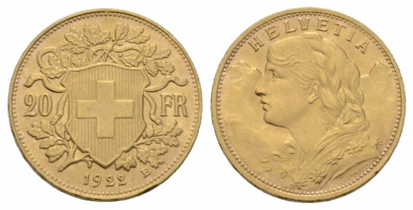Schweiz 20 Franken 1922 B Goldvreneli
