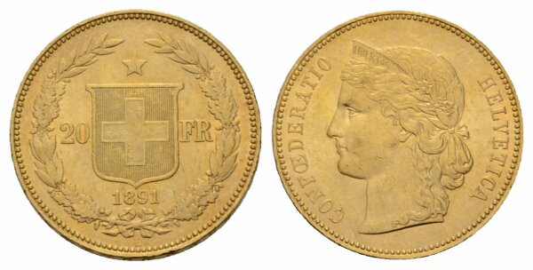 Schweiz 20 Franken 1891 B Helvetia