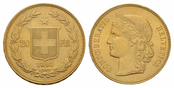 Schweiz 20 Franken 1893 B Helvetia